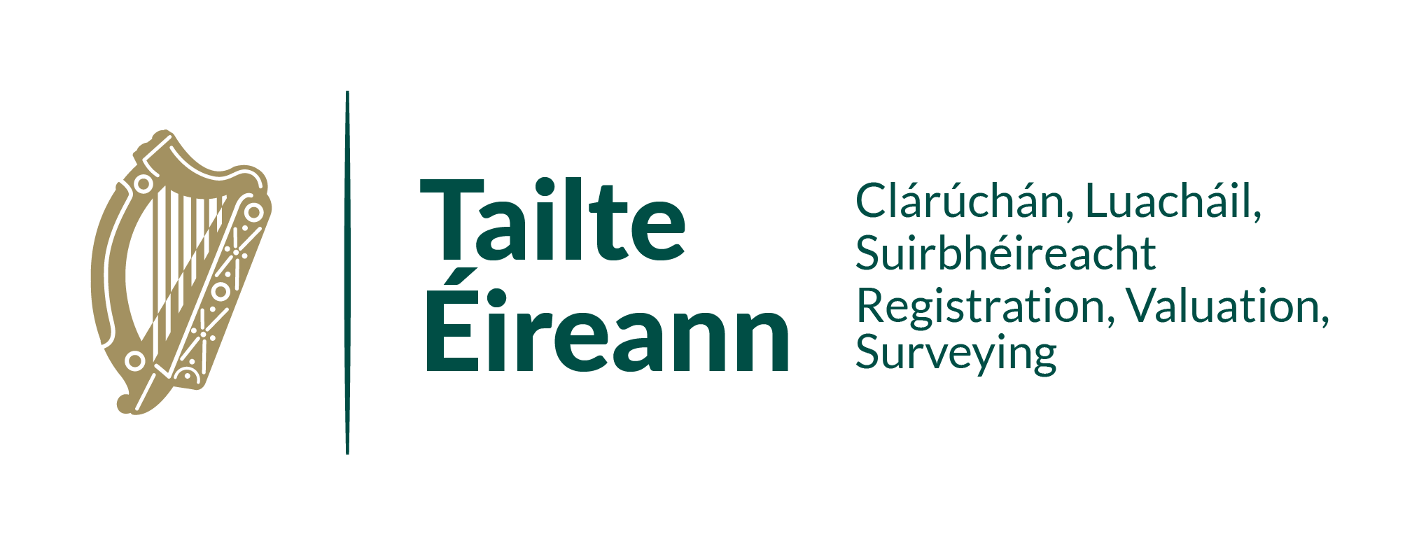 Tailte Éireann logo with accompanying text: 'Tailte Éireann: Clárúchán, Luacháil, Suirbhéireacht. Registration, Valuation, Sureveying'